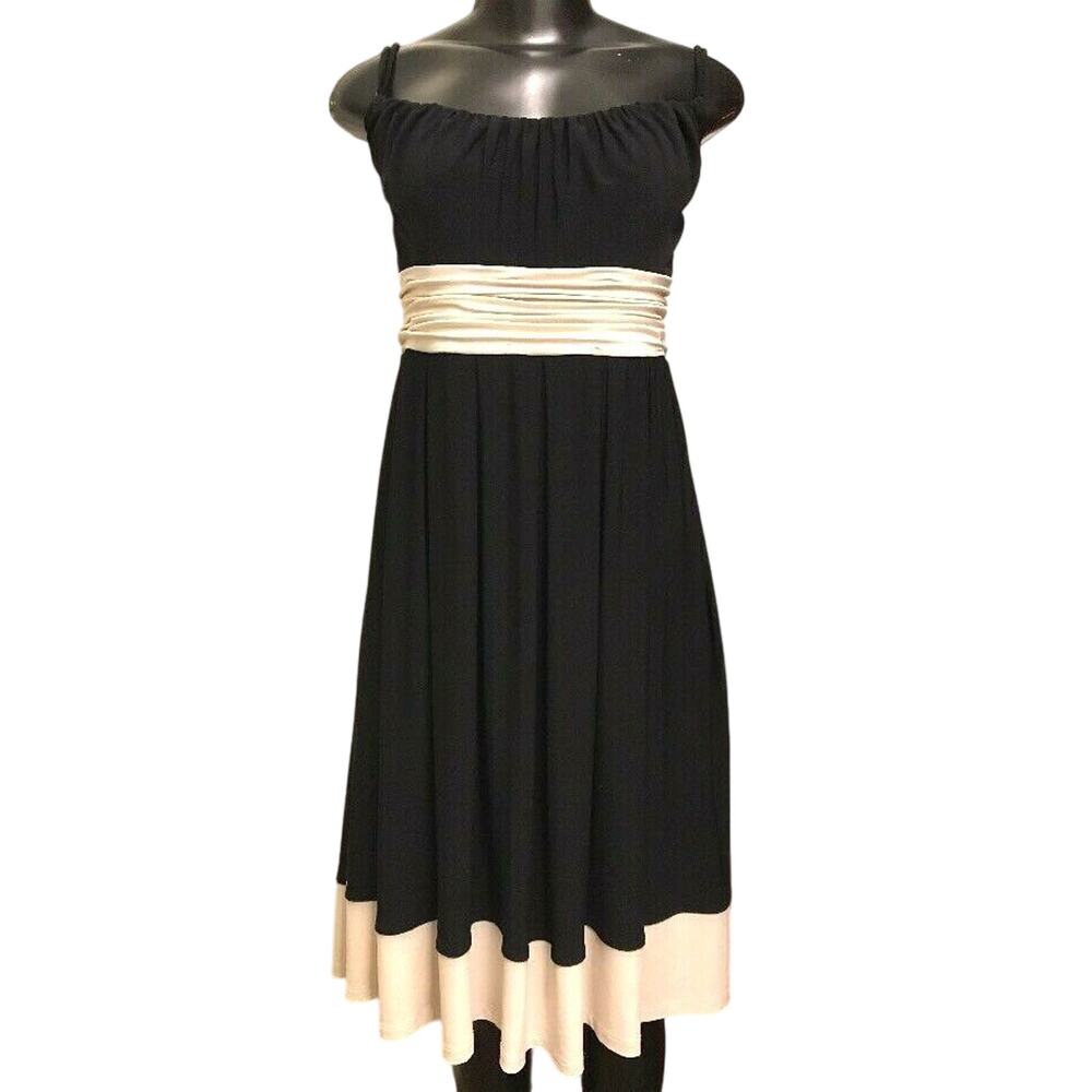 Size 12 Jones Wear Midi Dress Black with Ivory Bands Spaghetti Strap Formal